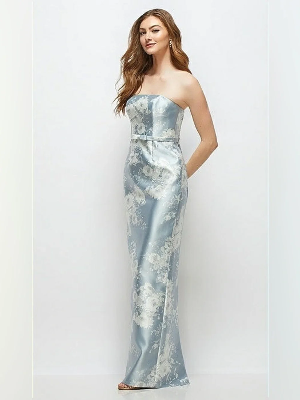 Alfred Sung 6 STRAPLESS SATIN COLUMN DRESS IN PORCELAIN BLUE SERAPHINA FLORAL - Picture 3 of 11